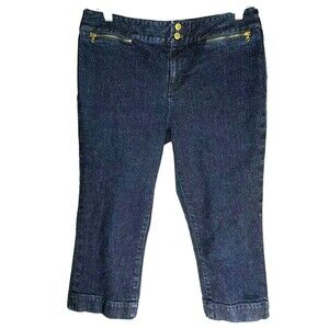 Ralph Lauren Jeans Co Women Cropped Jeans Sz 10 Dark Blue Gold Zipper Wide Hem